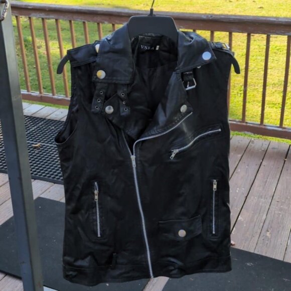 VSKA Womens Moto Vest Sz XL Black Faux Leather Zippers Greaser 60's Biker Gothic - Picture 1 of 6